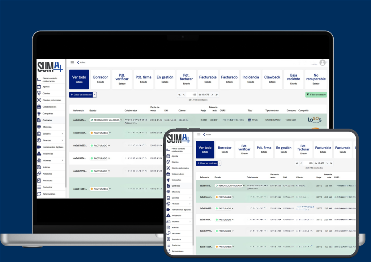 Panel del CRM 360 de energía de Suma con contratos de luz y gas, estados, comisiones y carterización