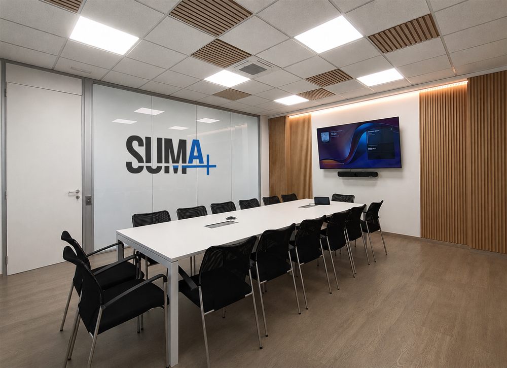 Sala de reuniones de Suma Canales de Venta, intermediario mayorista de energía, con el logo SUMA+ donde el equipo coordina los contratos de luz y gas