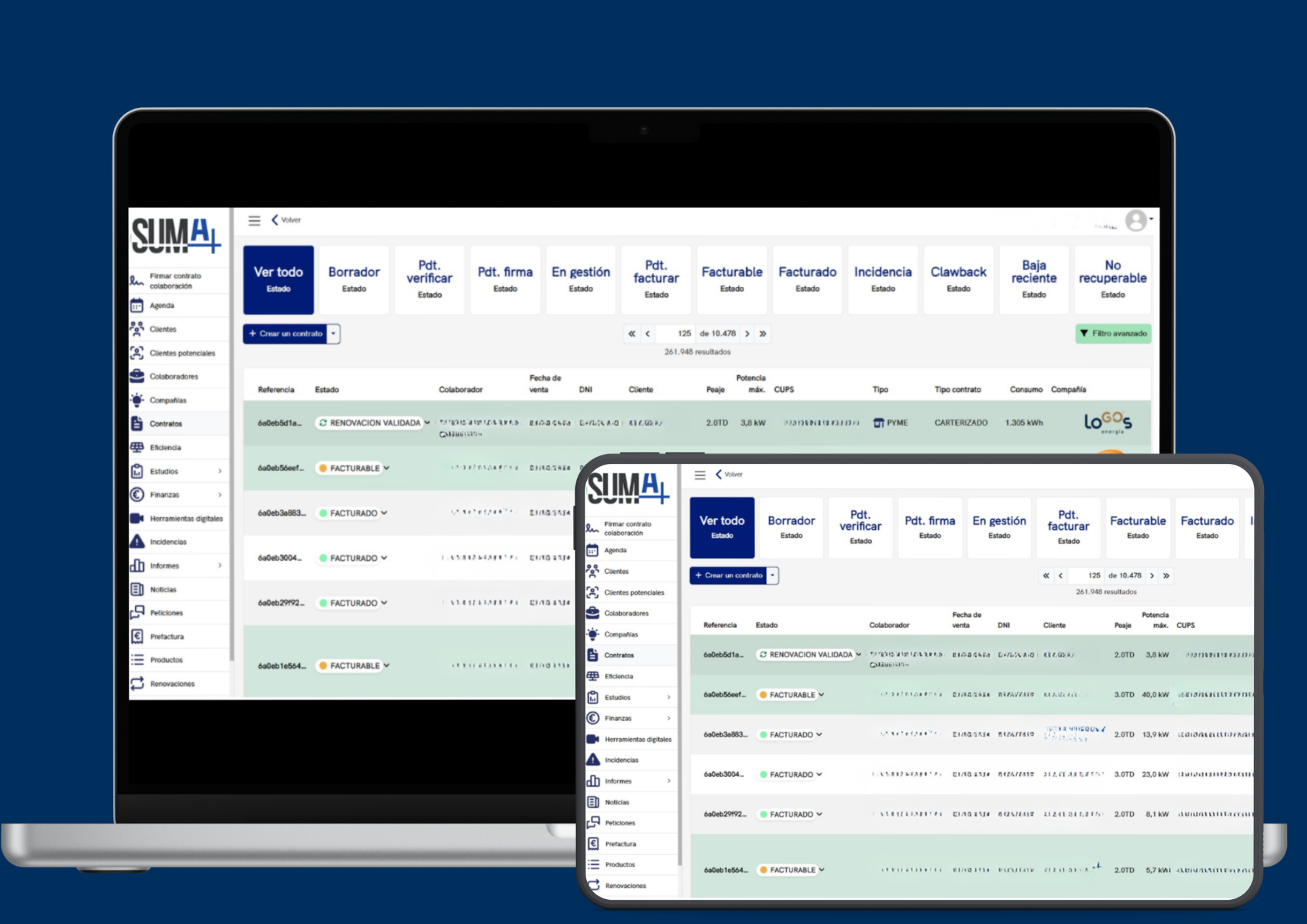 CRM propio de Suma para gestionar contratos y obtener las mejores comisiones luz y gas
